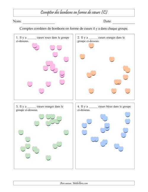 Compter des bonbons en forme de cœurs en dispositions éparpillées (Version plus difficile, dispositions éparpillées de 11 à 20 articles) (C)
