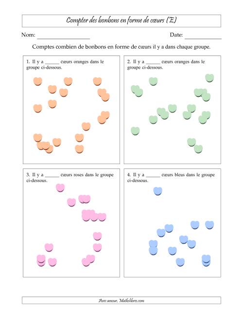 Compter des bonbons en forme de cœurs en dispositions éparpillées (Version plus difficile, dispositions éparpillées de 11 à 20 articles) (E)