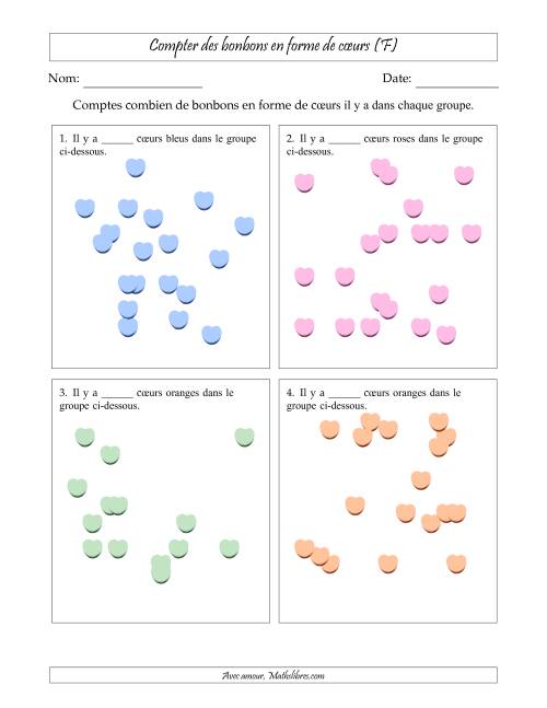 Compter des bonbons en forme de cœurs en dispositions éparpillées (Version plus difficile, dispositions éparpillées de 11 à 20 articles) (F)