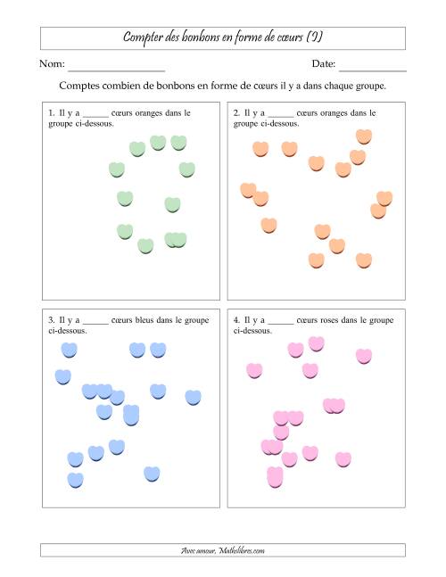 Compter des bonbons en forme de cœurs en dispositions éparpillées (Version plus difficile, dispositions éparpillées de 11 à 20 articles) (I)