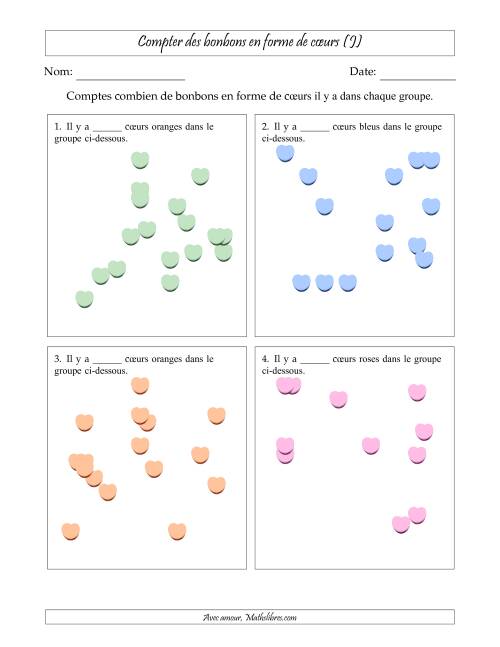 Compter des bonbons en forme de cœurs en dispositions éparpillées (Version plus difficile, dispositions éparpillées de 11 à 20 articles) (J)