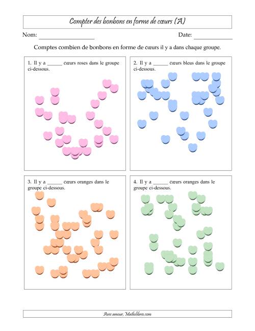 Compter des bonbons en forme de cœurs en dispositions éparpillées (Version très difficile, dispositions éparpillées de 21 à 50 articles) (A)