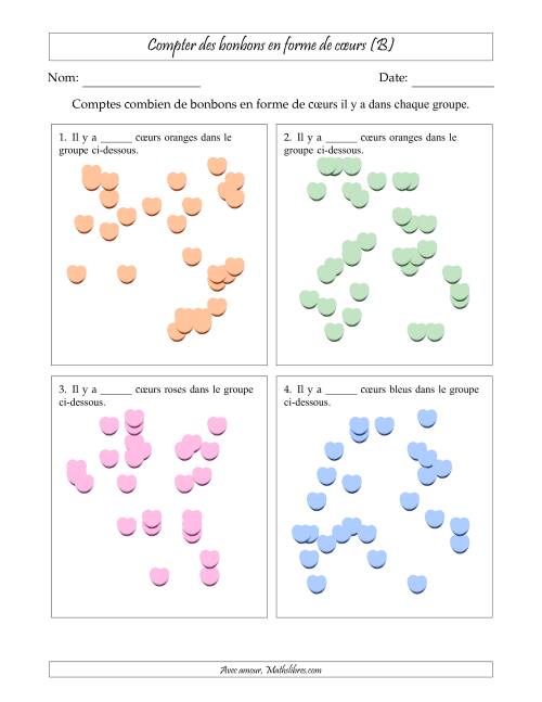 Compter des bonbons en forme de cœurs en dispositions éparpillées (Version très difficile, dispositions éparpillées de 21 à 50 articles) (B)
