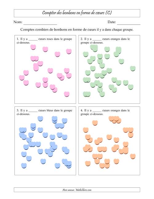 Compter des bonbons en forme de cœurs en dispositions éparpillées (Version très difficile, dispositions éparpillées de 21 à 50 articles) (C)