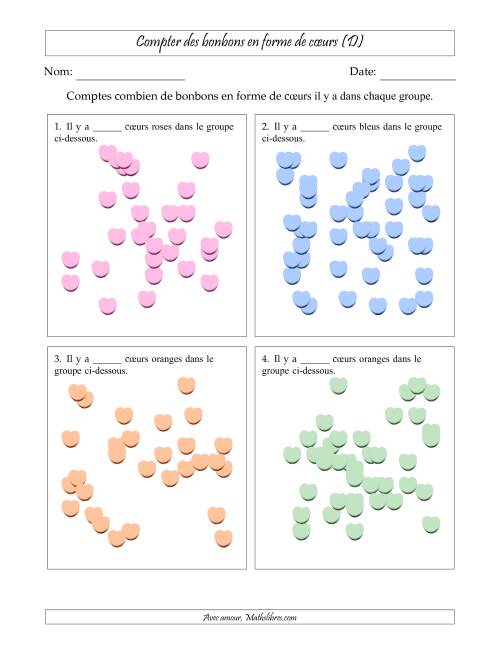Compter des bonbons en forme de cœurs en dispositions éparpillées (Version très difficile, dispositions éparpillées de 21 à 50 articles) (D)