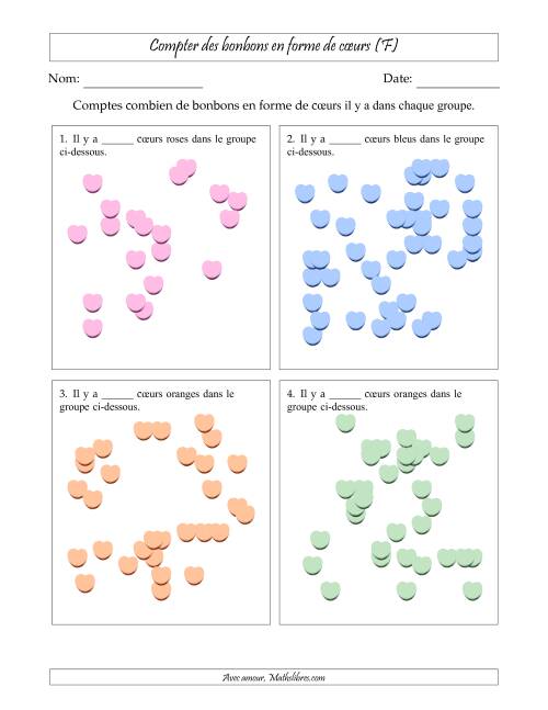 Compter des bonbons en forme de cœurs en dispositions éparpillées (Version très difficile, dispositions éparpillées de 21 à 50 articles) (F)