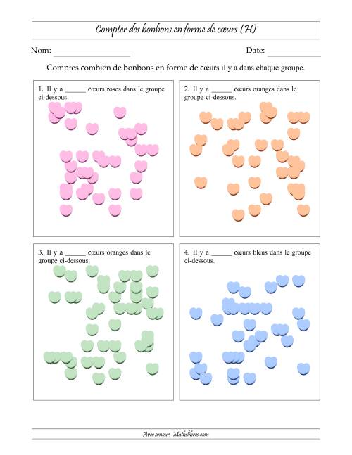 Compter des bonbons en forme de cœurs en dispositions éparpillées (Version très difficile, dispositions éparpillées de 21 à 50 articles) (H)