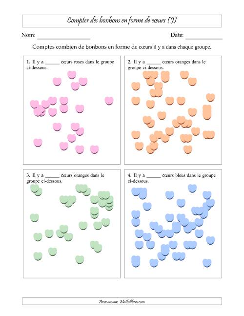 Compter des bonbons en forme de cœurs en dispositions éparpillées (Version très difficile, dispositions éparpillées de 21 à 50 articles) (J)