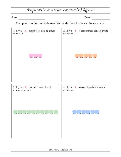Compter des bonbons en forme de cœurs en dispositions linéaires (Version plus facile, dispositions linéaires horizontales) (A) page 2