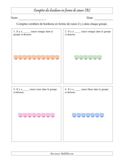 Compter des bonbons en forme de cœurs en dispositions linéaires (Version plus facile, dispositions linéaires horizontales) (B)