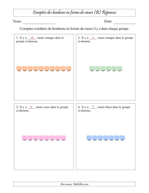 Compter des bonbons en forme de cœurs en dispositions linéaires (Version plus facile, dispositions linéaires horizontales) (B) page 2