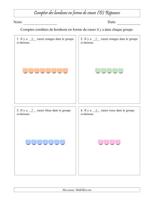 Compter des bonbons en forme de cœurs en dispositions linéaires (Version plus facile, dispositions linéaires horizontales) (D) page 2