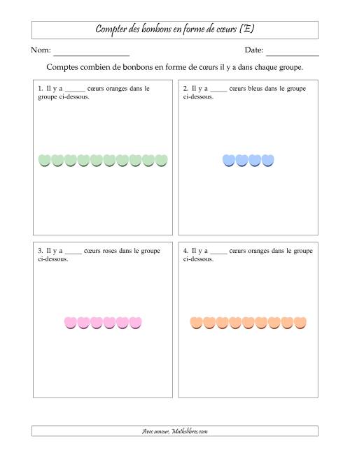 Compter des bonbons en forme de cœurs en dispositions linéaires (Version plus facile, dispositions linéaires horizontales) (E)