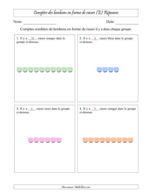 Compter des bonbons en forme de cœurs en dispositions linéaires (Version plus facile, dispositions linéaires horizontales) (E) page 2