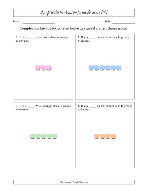 Compter des bonbons en forme de cœurs en dispositions linéaires (Version plus facile, dispositions linéaires horizontales) (F)