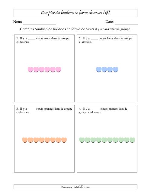 Compter des bonbons en forme de cœurs en dispositions linéaires (Version plus facile, dispositions linéaires horizontales) (G)