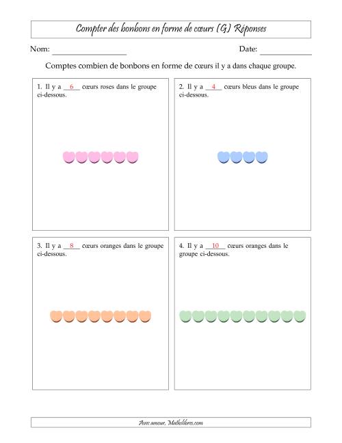 Compter des bonbons en forme de cœurs en dispositions linéaires (Version plus facile, dispositions linéaires horizontales) (G) page 2