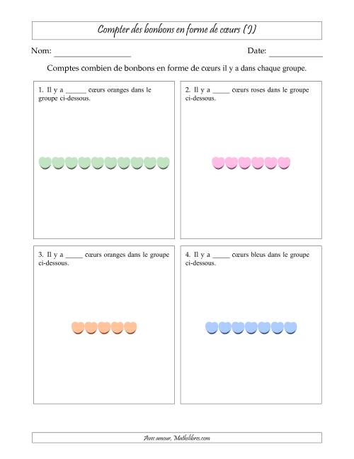 Compter des bonbons en forme de cœurs en dispositions linéaires (Version plus facile, dispositions linéaires horizontales) (J)