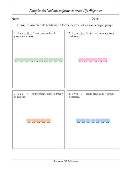 Compter des bonbons en forme de cœurs en dispositions linéaires (Version plus facile, dispositions linéaires horizontales) (J) page 2
