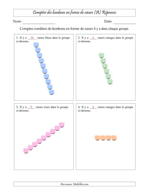Compter des bonbons en forme de cœurs en dispositions linéaires (Version plus difficile, dispositions linéaires pivotées) (A) page 2