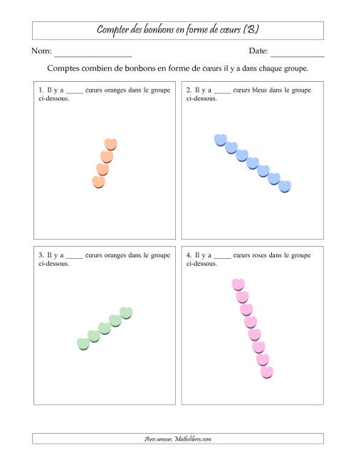 Compter des bonbons en forme de cœurs en dispositions linéaires (Version plus difficile, dispositions linéaires pivotées) (B)