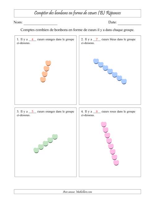 Compter des bonbons en forme de cœurs en dispositions linéaires (Version plus difficile, dispositions linéaires pivotées) (B) page 2