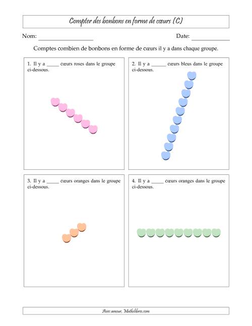 Compter des bonbons en forme de cœurs en dispositions linéaires (Version plus difficile, dispositions linéaires pivotées) (C)