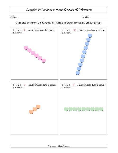 Compter des bonbons en forme de cœurs en dispositions linéaires (Version plus difficile, dispositions linéaires pivotées) (C) page 2