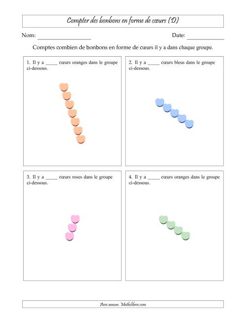 Compter des bonbons en forme de cœurs en dispositions linéaires (Version plus difficile, dispositions linéaires pivotées) (D)