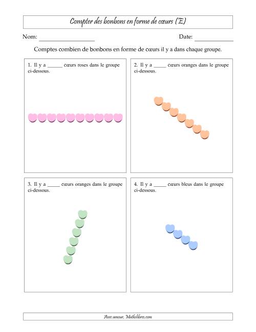 Compter des bonbons en forme de cœurs en dispositions linéaires (Version plus difficile, dispositions linéaires pivotées) (E)