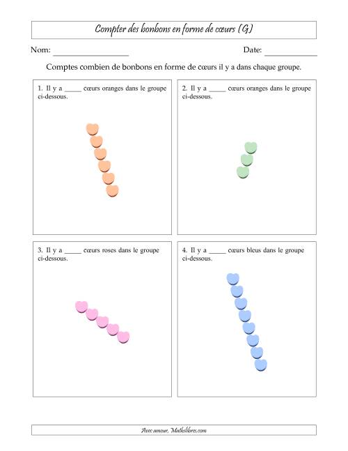 Compter des bonbons en forme de cœurs en dispositions linéaires (Version plus difficile, dispositions linéaires pivotées) (G)