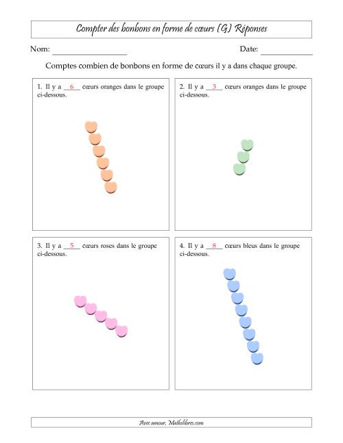 Compter des bonbons en forme de cœurs en dispositions linéaires (Version plus difficile, dispositions linéaires pivotées) (G) page 2
