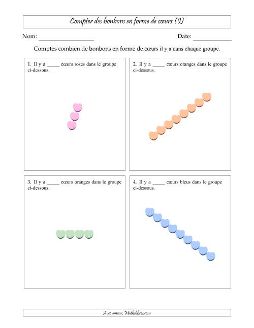 Compter des bonbons en forme de cœurs en dispositions linéaires (Version plus difficile, dispositions linéaires pivotées) (I)