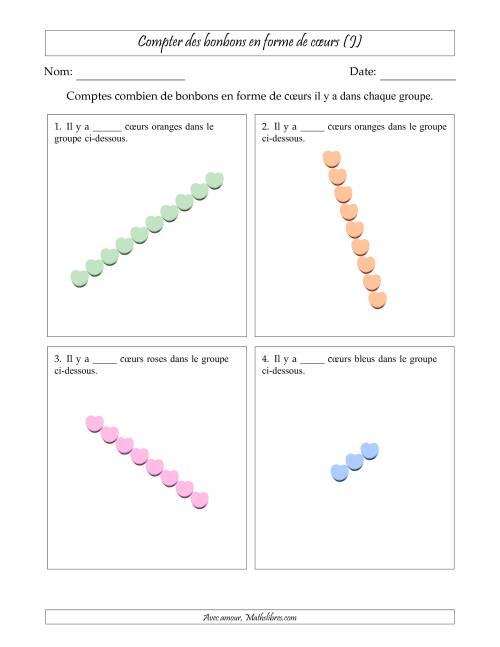 Compter des bonbons en forme de cœurs en dispositions linéaires (Version plus difficile, dispositions linéaires pivotées) (J)