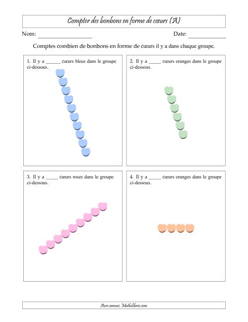 Compter des bonbons en forme de cœurs en dispositions linéaires (Version plus difficile, dispositions linéaires pivotées) (Tout)