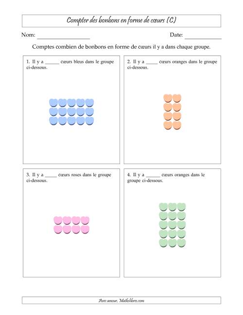 Compter des bonbons en forme de cœurs en dispositions rectangulaires (Version plus facile, dispositions rectangulaires jusqu'à 5x5) (C)