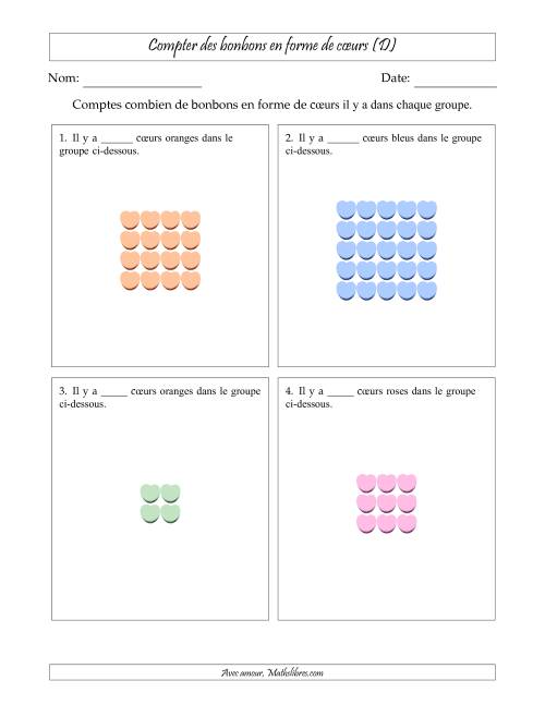 Compter des bonbons en forme de cœurs en dispositions rectangulaires (Version plus facile, dispositions rectangulaires jusqu'à 5x5) (D)