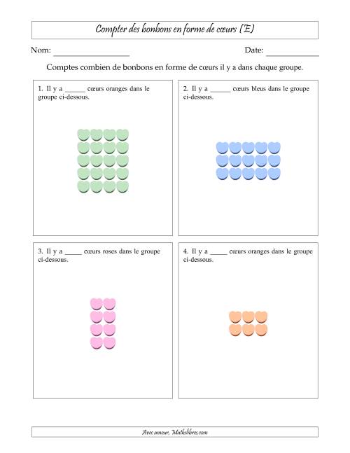 Compter des bonbons en forme de cœurs en dispositions rectangulaires (Version plus facile, dispositions rectangulaires jusqu'à 5x5) (E)