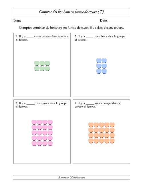 Compter des bonbons en forme de cœurs en dispositions rectangulaires (Version plus facile, dispositions rectangulaires jusqu'à 5x5) (F)