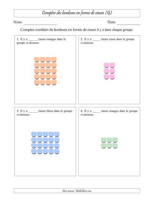 Compter des bonbons en forme de cœurs en dispositions rectangulaires (Version plus facile, dispositions rectangulaires jusqu'à 5x5) (G)