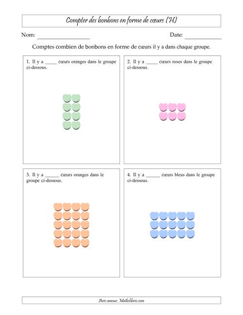 Compter des bonbons en forme de cœurs en dispositions rectangulaires (Version plus facile, dispositions rectangulaires jusqu'à 5x5) (H)
