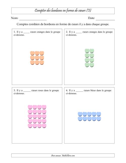 Compter des bonbons en forme de cœurs en dispositions rectangulaires (Version plus facile, dispositions rectangulaires jusqu'à 5x5) (I)