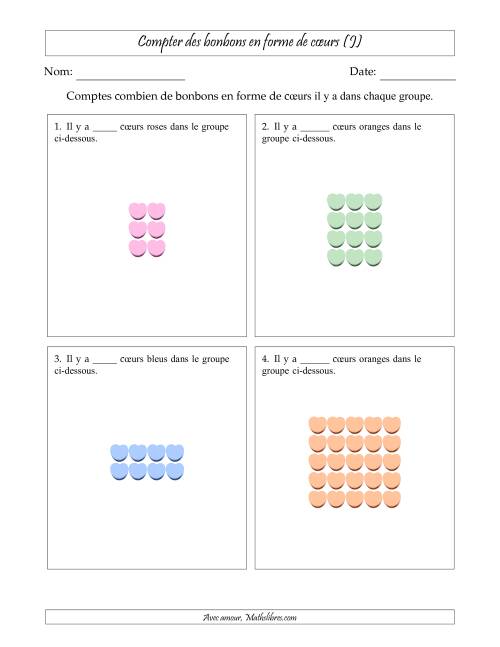 Compter des bonbons en forme de cœurs en dispositions rectangulaires (Version plus facile, dispositions rectangulaires jusqu'à 5x5) (J)