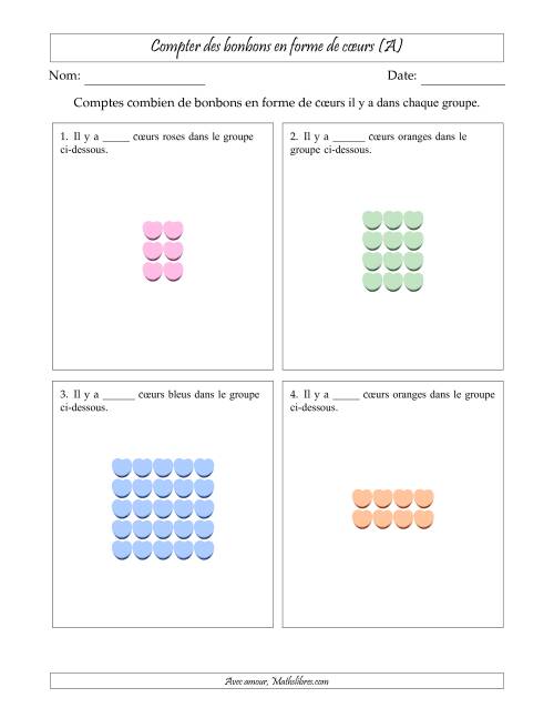 Compter des bonbons en forme de cœurs en dispositions rectangulaires (Version plus facile, dispositions rectangulaires jusqu'à 5x5) (Tout)