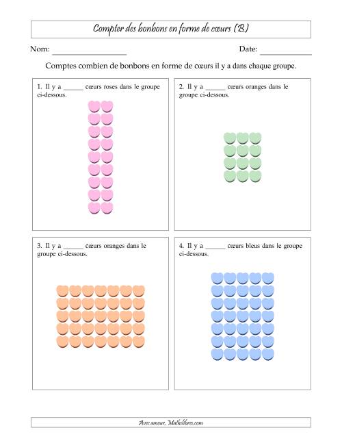 Compter des bonbons en forme de cœurs en dispositions rectangulaires (Version plus difficile, dispositions rectangulaires jusqu'à 9x9) (B)