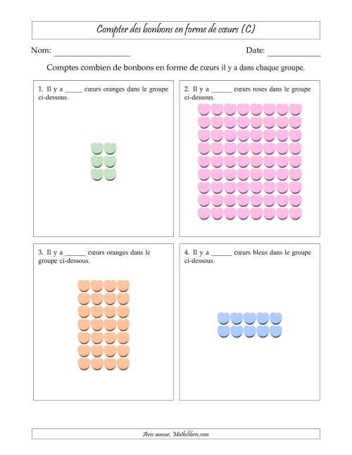 Compter des bonbons en forme de cœurs en dispositions rectangulaires (Version plus difficile, dispositions rectangulaires jusqu'à 9x9) (C)