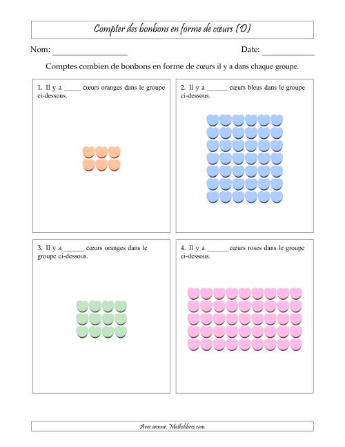 Compter des bonbons en forme de cœurs en dispositions rectangulaires (Version plus difficile, dispositions rectangulaires jusqu'à 9x9) (D)