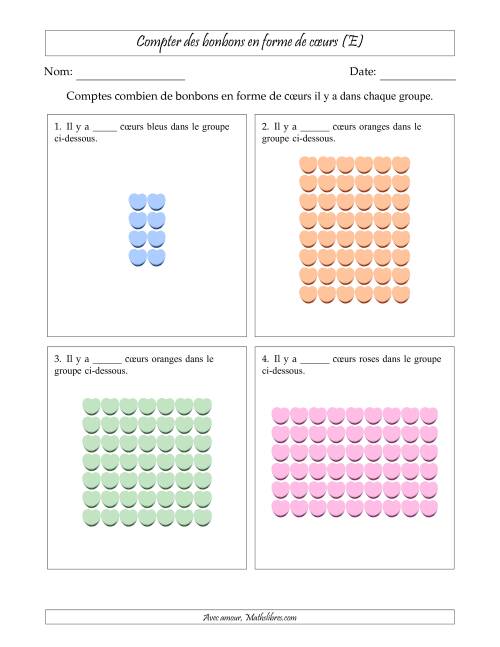 Compter des bonbons en forme de cœurs en dispositions rectangulaires (Version plus difficile, dispositions rectangulaires jusqu'à 9x9) (E)