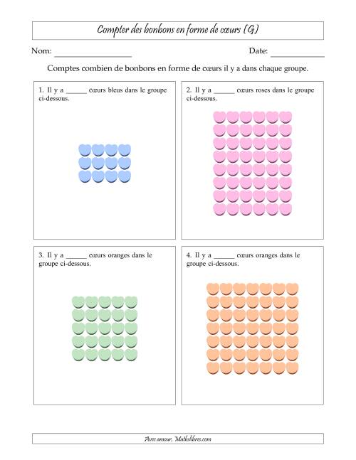Compter des bonbons en forme de cœurs en dispositions rectangulaires (Version plus difficile, dispositions rectangulaires jusqu'à 9x9) (G)