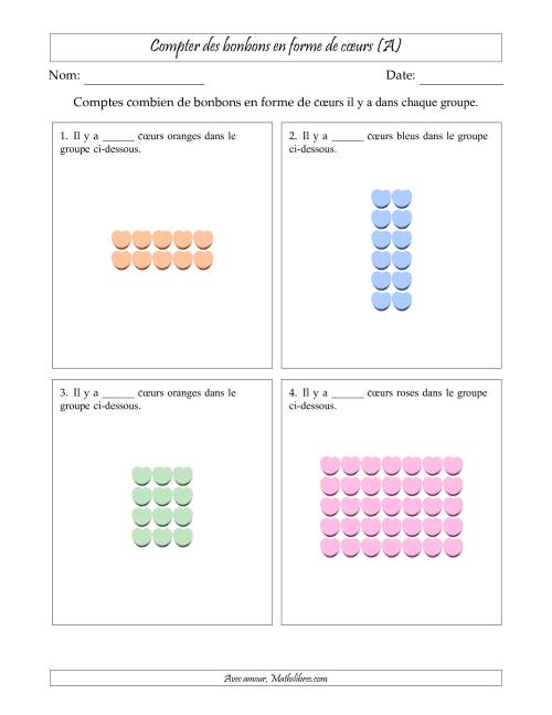 Compter des bonbons en forme de cœurs en dispositions rectangulaires (Version plus difficile, dispositions rectangulaires jusqu'à 9x9) (Tout)
